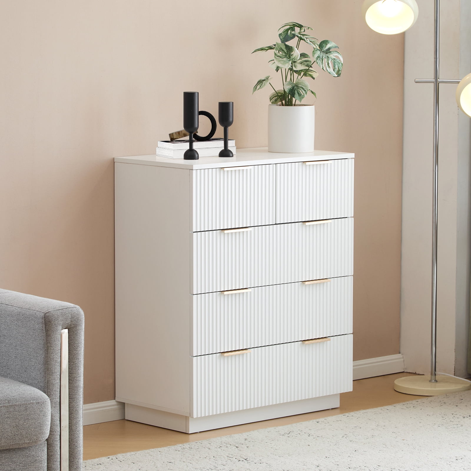 UBesGoo Fluted 5 Drawers Dresser Large Modern Chest of Drawers Dresser TV Stand, Drawer Organizer Cabinet for Living Room, Hallway, White