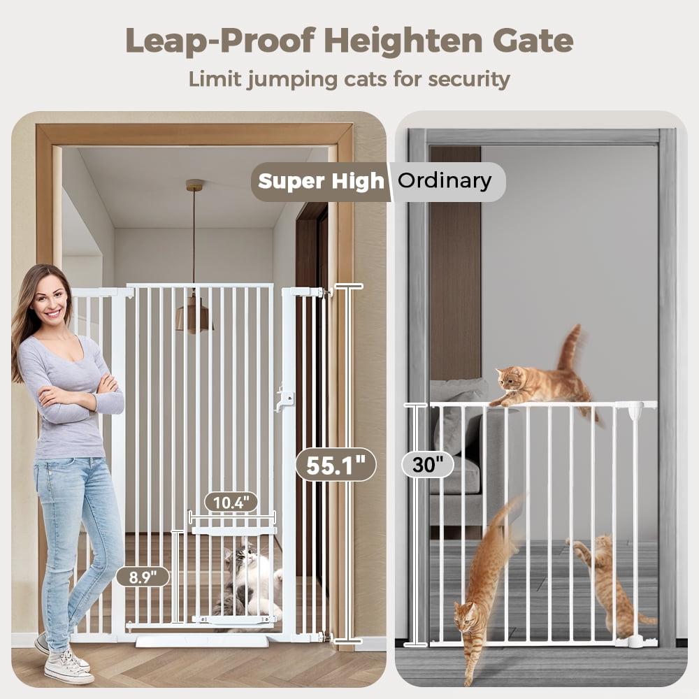 Pet Gate with Cat Door,Domipet 55.1 inch Extra Tall Dog Gate,29.5''-40.6''Wide Gate Pressure Mounted Full Door Pet Gate for Doorway Stairs,White