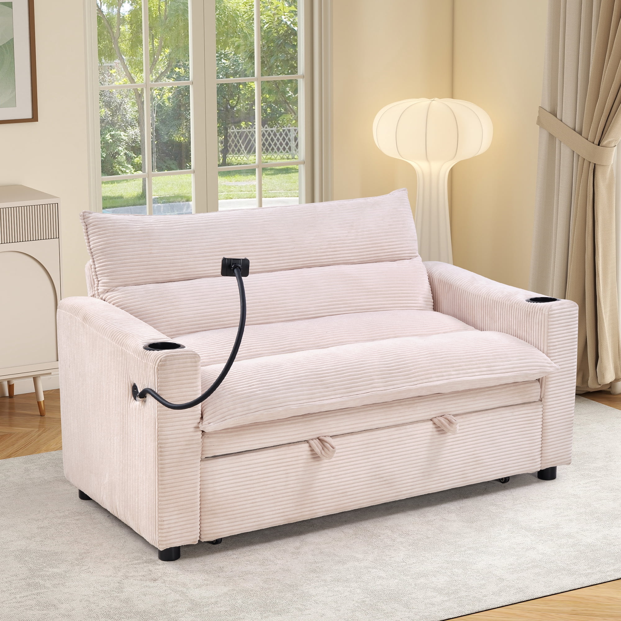 Ebello 3-in-1 Sleeper Sofa Bed, Corduroy Convertible Pullout Futon Couch with Adjustable Backrest, Phone Holders & USB Ports for Apartment, Small Space, 2-Seat(Beige)
