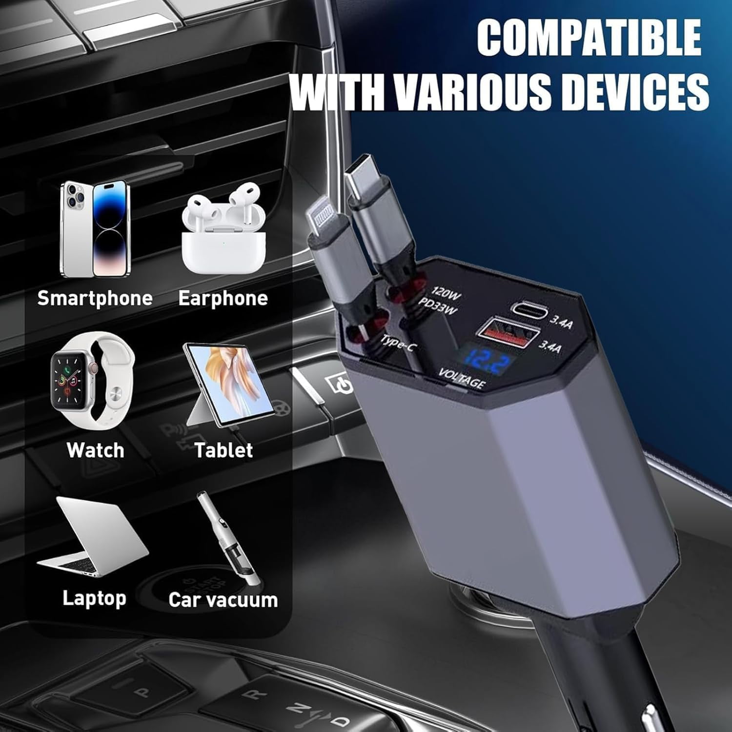 Ibksdj Retractable Car Charger, 120W 4-in-1 PD33W and QC3.0 Ultra Fast Charging car Phone Charger, with 2.6ft Fast Charging Cable, Suitable for iPhone 17，16, 15, 14, 13, 12 Pro Max