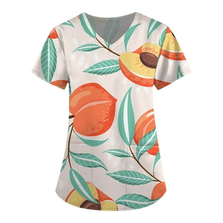 

TKing Fashion Independence Day Women Plus Size Scrubs Top V-Neck Short Sleeve Printed Pockets Work Blouse for Women Orange 2XL