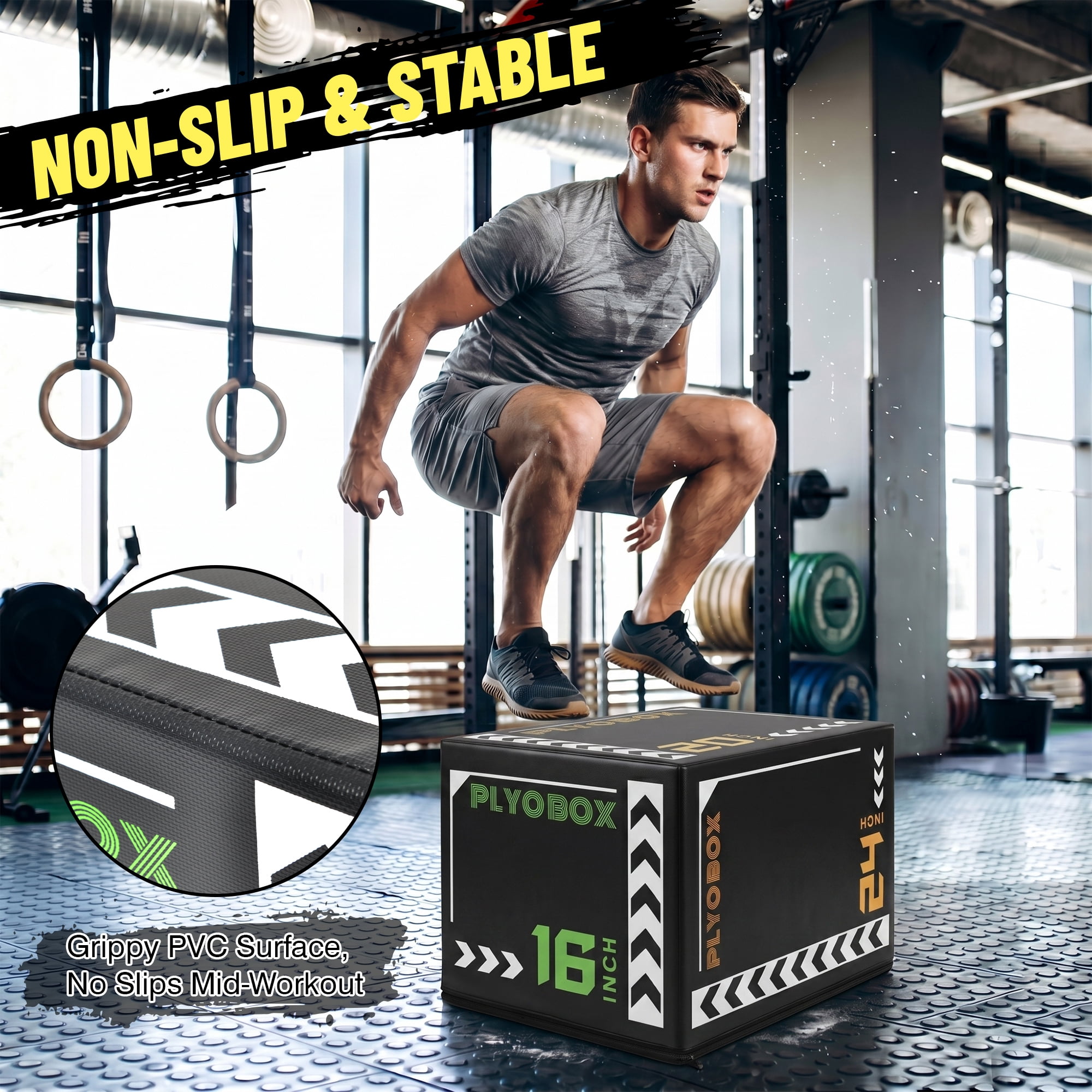 Leumius 3-in-1 Foam Plyometric Jump Box for Home Gym,16/20/24 Inch Multiple Height Options,Versatile Plyo with Non-Slip Surface for Strength, HIIT, Step-Ups, and Agility Training,Black