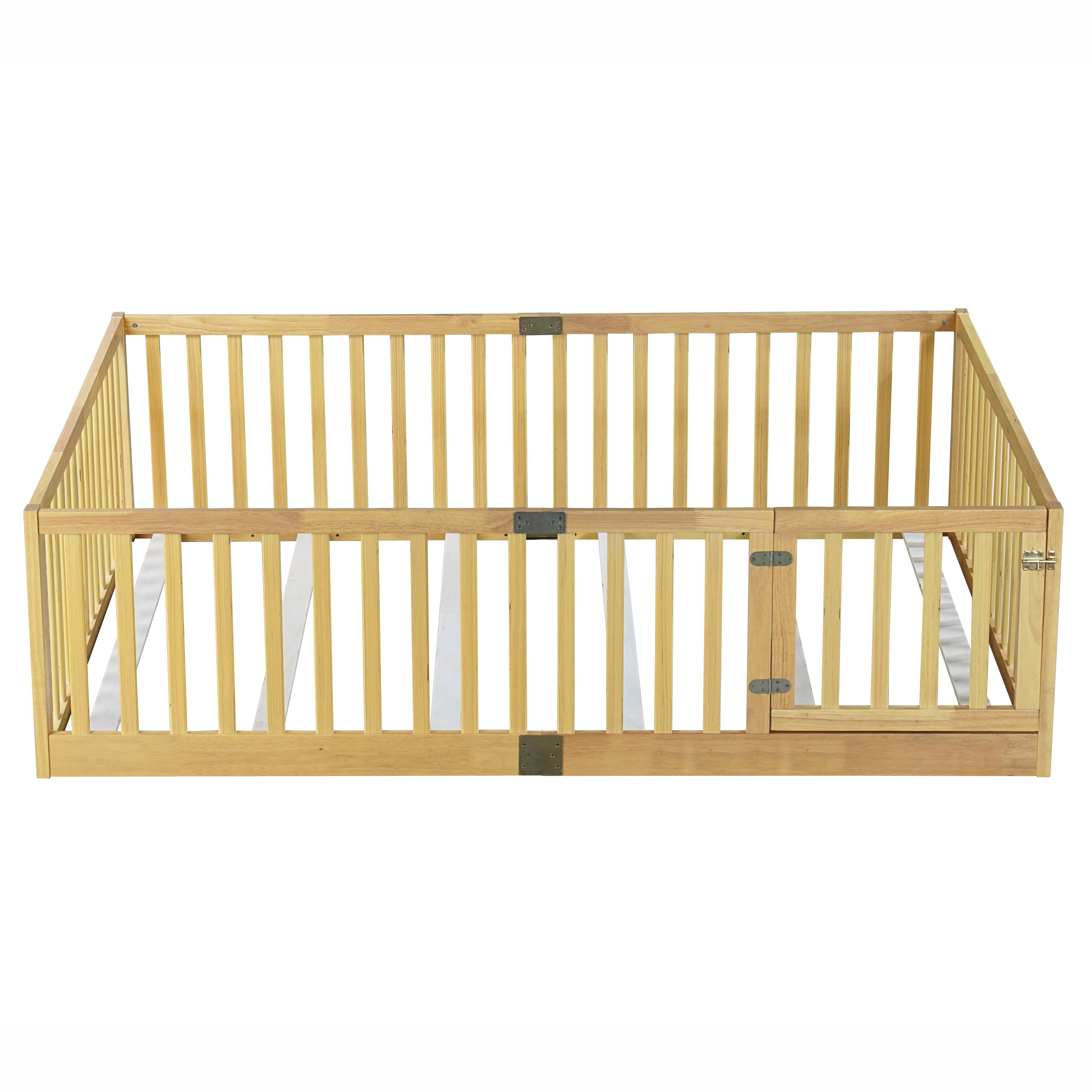 Holaki Wood Full Size Floor Bed with High Fence Railings for Kids, Oak