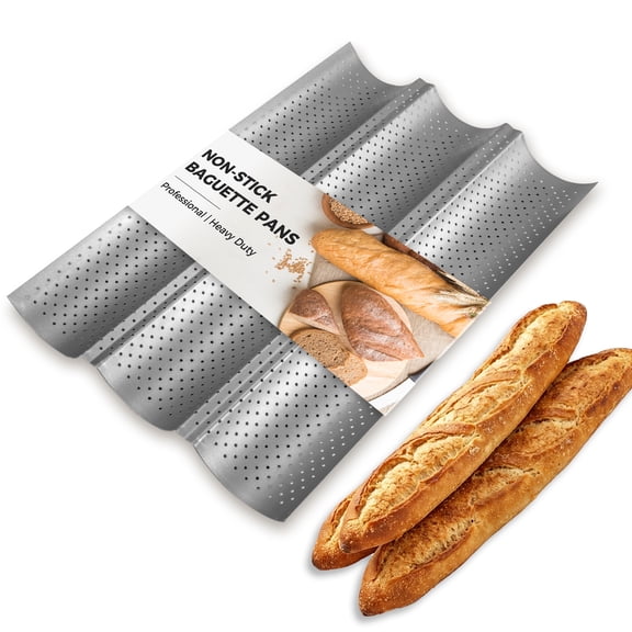 KITESSENSU Nonstick Baguette Pans for French Bread Baking, Perforated 3 Loaves Baguettes Bakery Tray, 15" x 9", Silver