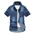 thumbnail image 2 of Men Multi pockets Denim Tooling Shirts New Summer Short Sleeve Blue Jeans Shirts High Quality Men Cotton Casual Shirts Size 5XL, 2 of 5