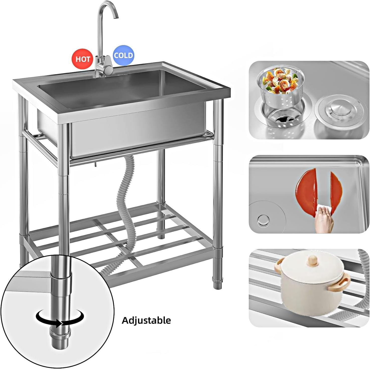 COZONY 28" Stainless Steel Utility Sink, Freestanding Kitchen Sink with Faucet, Storage Rack & Cold/Hot Water Pipe