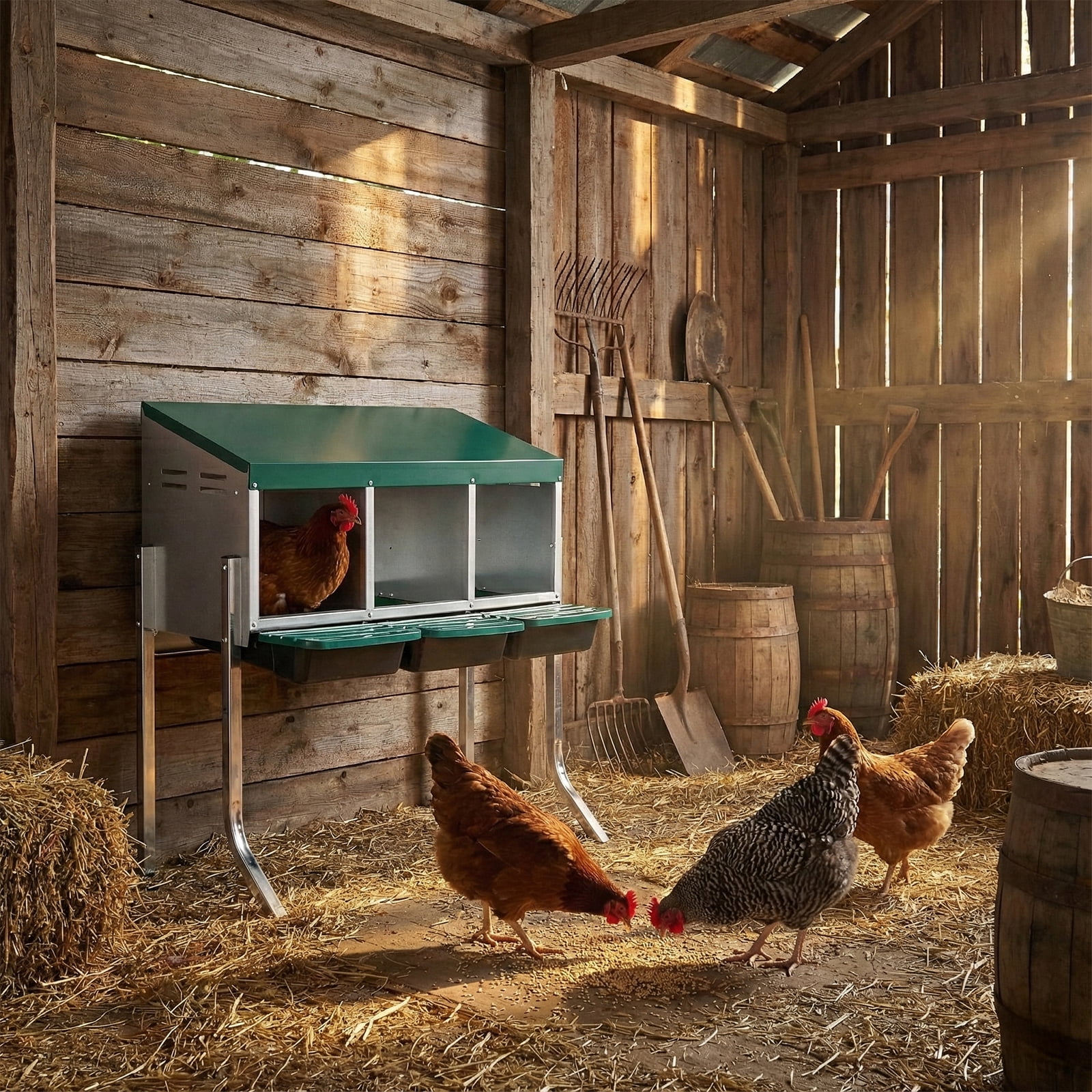 Chicken Nesting Box, 3 Compartment Nesting Box for Laying Eggs, Wall Mount Chicken Brooder Box with Perch, Easy Egg Collection, Cleanable Pull Out Hen Roosting Boxes, 3 Holes, Green
