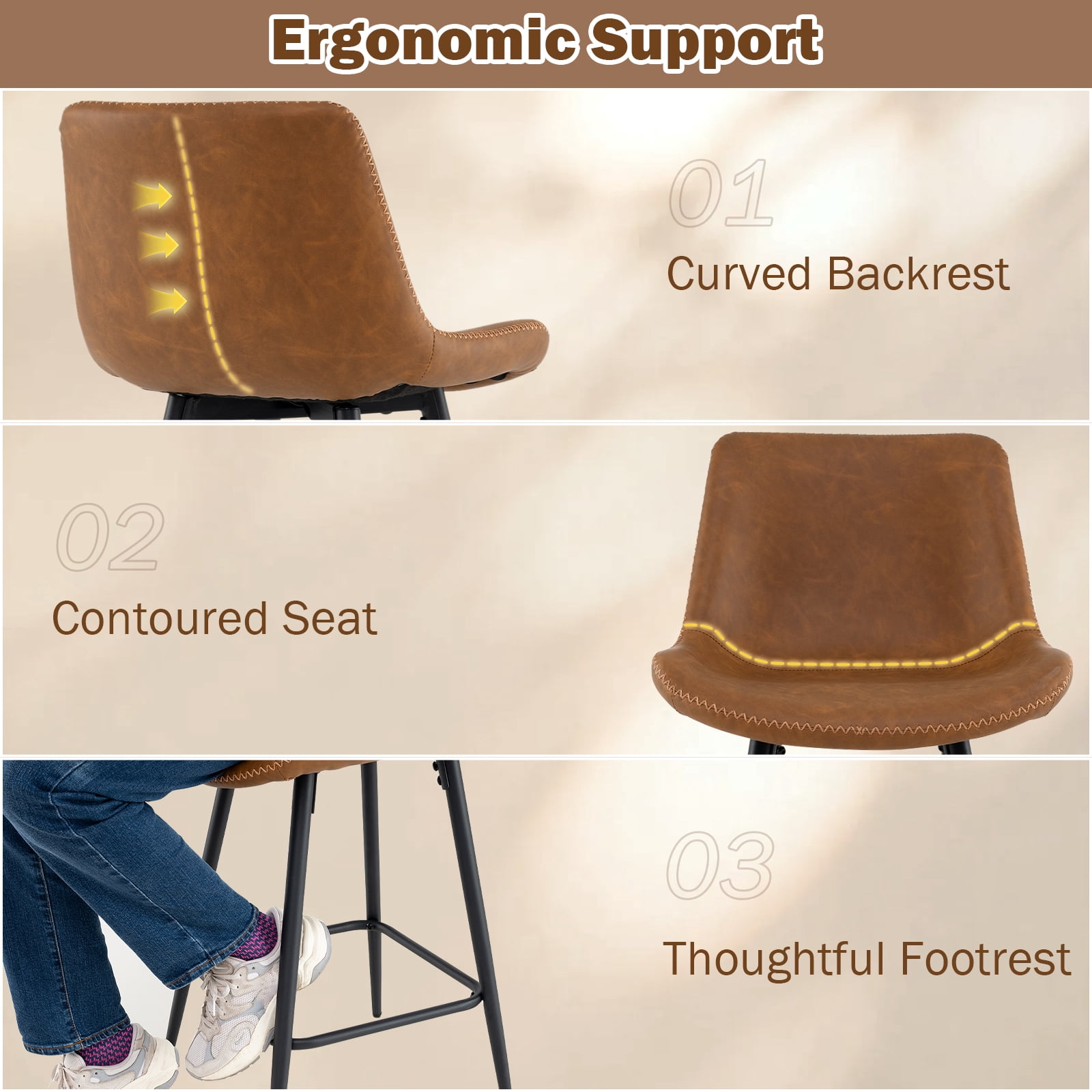 Gymax Bar Stools Set of 2 24 Inch Counter Height Bar Chairs w/ Backs & Footrests