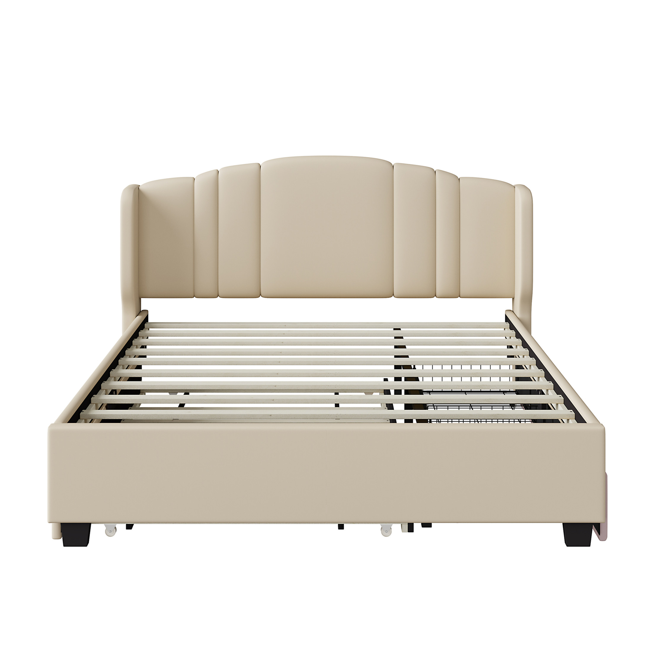 Noble House Queen Linen Upholstered Bed with Wingback Headboard, Twin Trundle & 2 Drawers, Beige