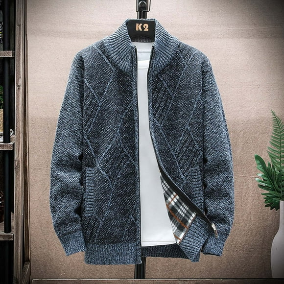 jsaierl Mens Cardigan Sweater Knit Mock Neck Zip Up Woolen Top Plaid Long Sleeve Cozy Fall and Winter Sweater Jacket
