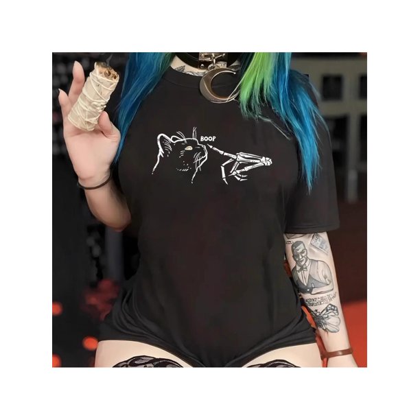 Short-Sleeved Casual Round-Neck Top - Bone And Cat Patterns T-Shirt - Women'S Clothing for Spring And Summer