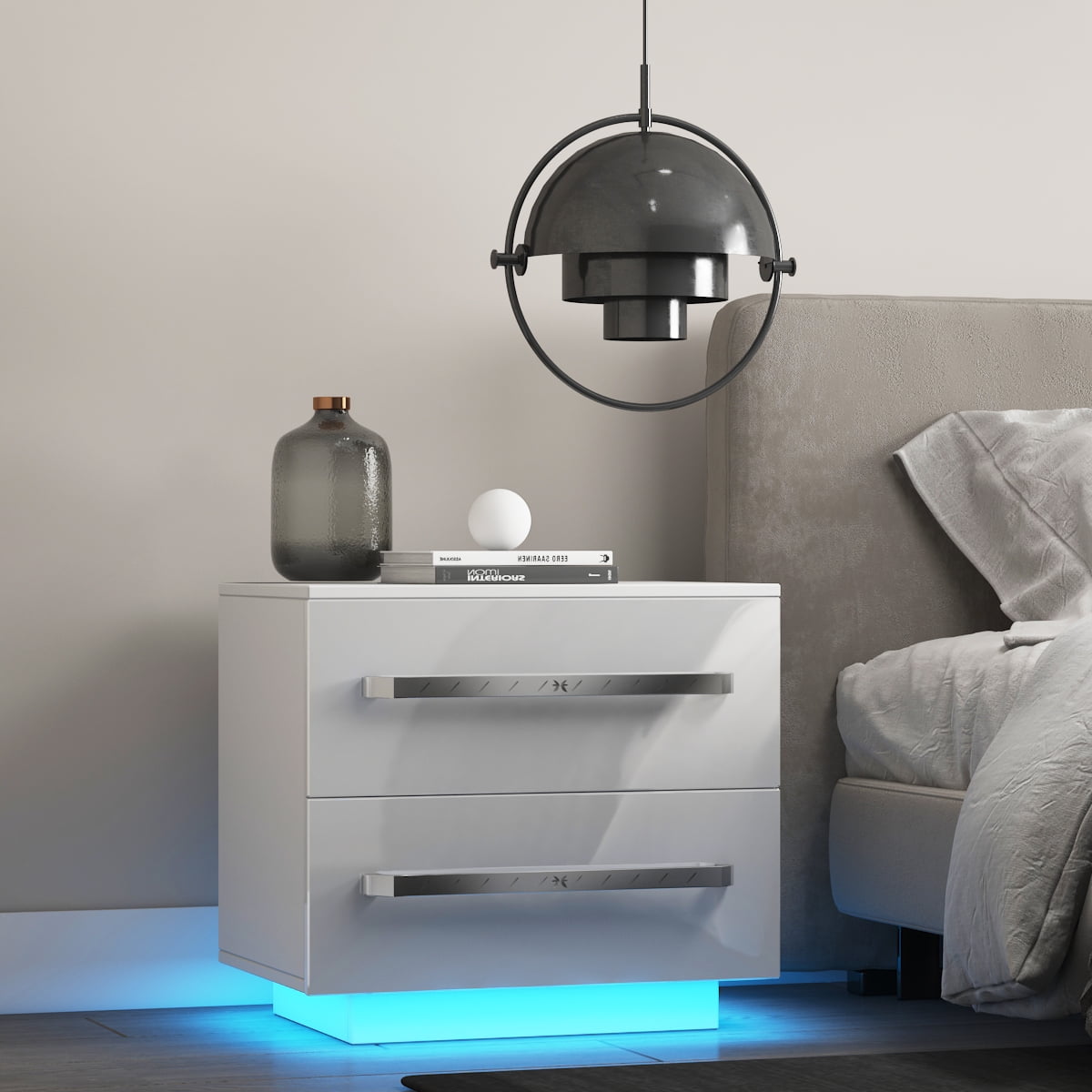 Modern 2Drawers Nightstand with RGB LED Backlight, High Gloss White