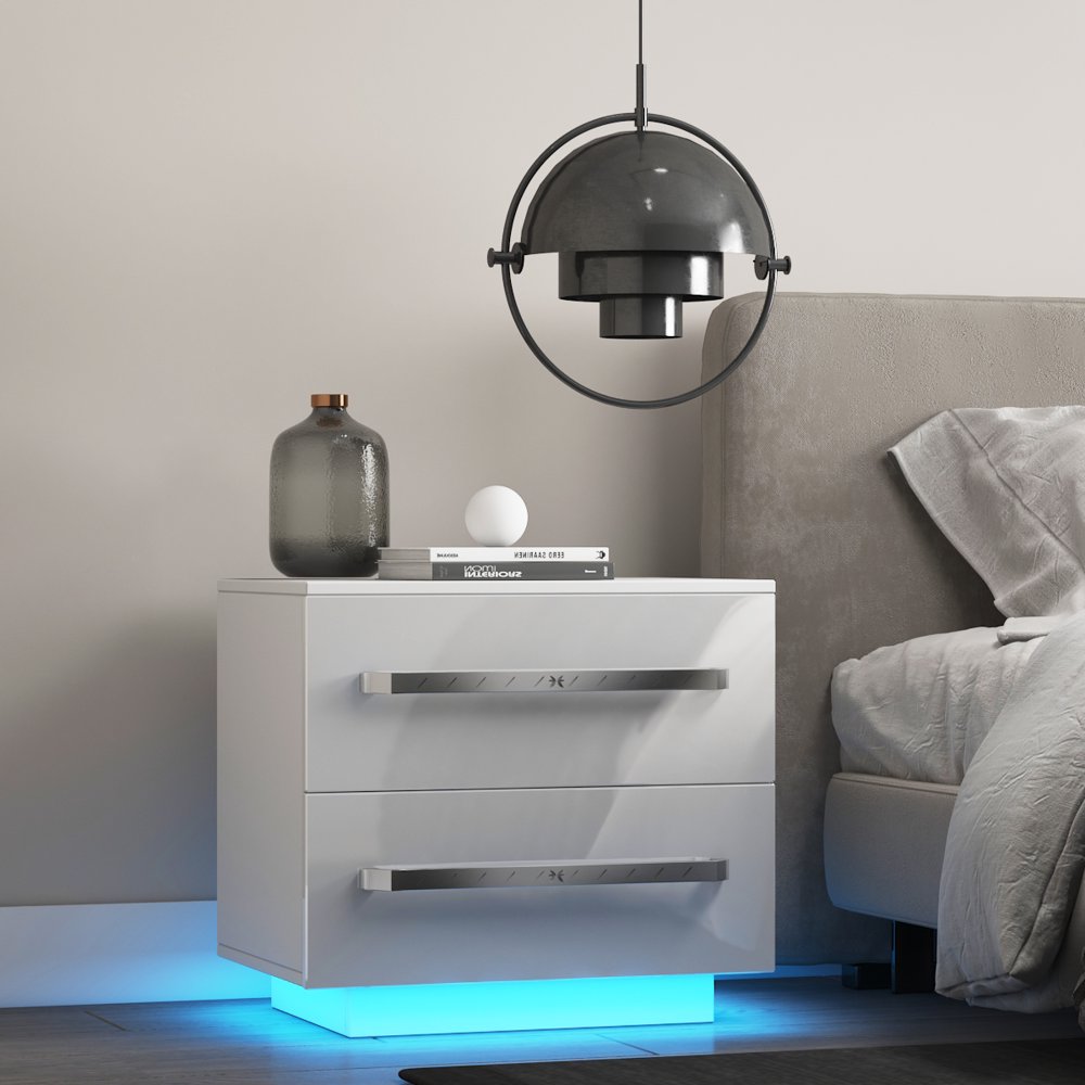 Modern 2Drawers Nightstand with RGB LED Backlight, High Gloss White