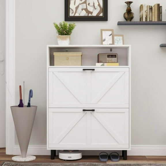 Farmhouse Shoe Storage Cabinet with Barn Door Design, Shoe Organizer with 2 Flip Drawers, Freestanding Narrow Shoe Rack Cabinet with Open Storage for Entryway,Foyer,Hallway,(White)