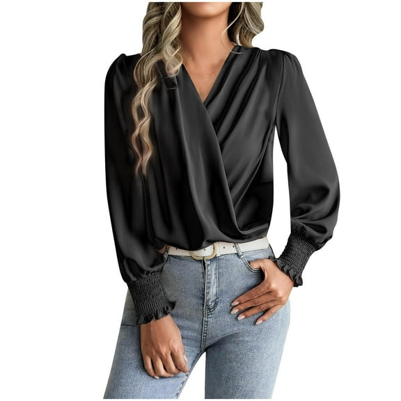 Womens Long Sleeve Tops, Women's Chiffon Draped Wrap V Neck Ruched Top Dressy Casual Long Sleeve Blouse Elegant Shirred Cuff Work Shirts
