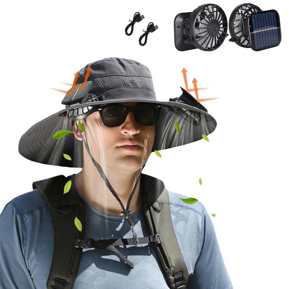 ASTRAEA Solar Fan Hat, Wide Brim Sun Hat with 2 Solar Fan, UPF 50 Fishing Hat for Men Women, Outdoor Bucket Cap for Hiking Camping Fishing, Grey