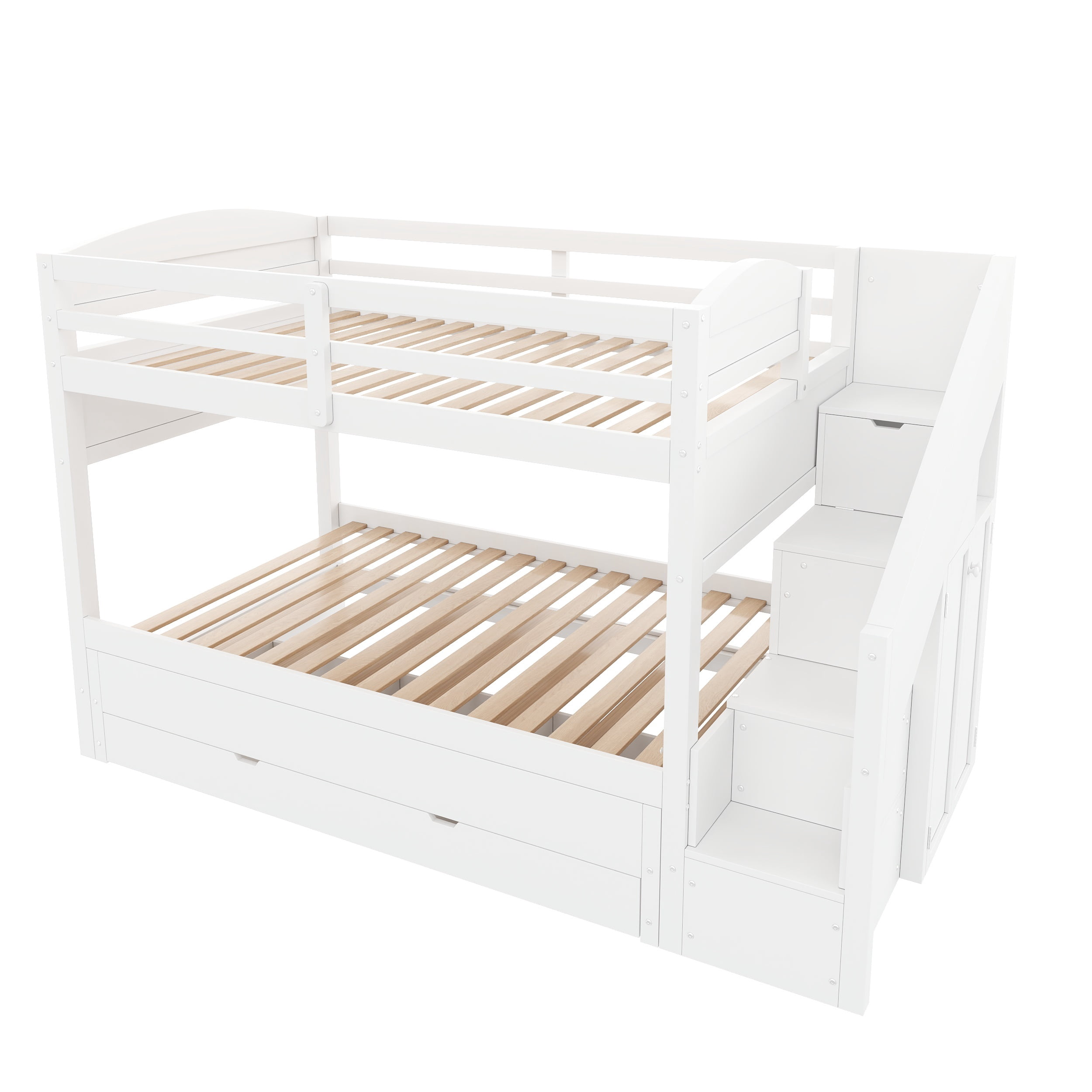 Euroco Wood Twin XL over Twin XL Bunk Bed with Trundle and Drawers,Storage Staircase and Wardrobe, White