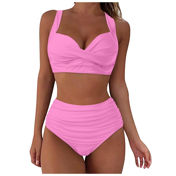 MKLEKYY Trajes De Baño Mujer Curvy Women High Waisted Bikini Sexy Push Up Two Piece Swimsuits Vintage Swimsuit Two Piece Retro Ruched High Waist Print Bikini Set 1961