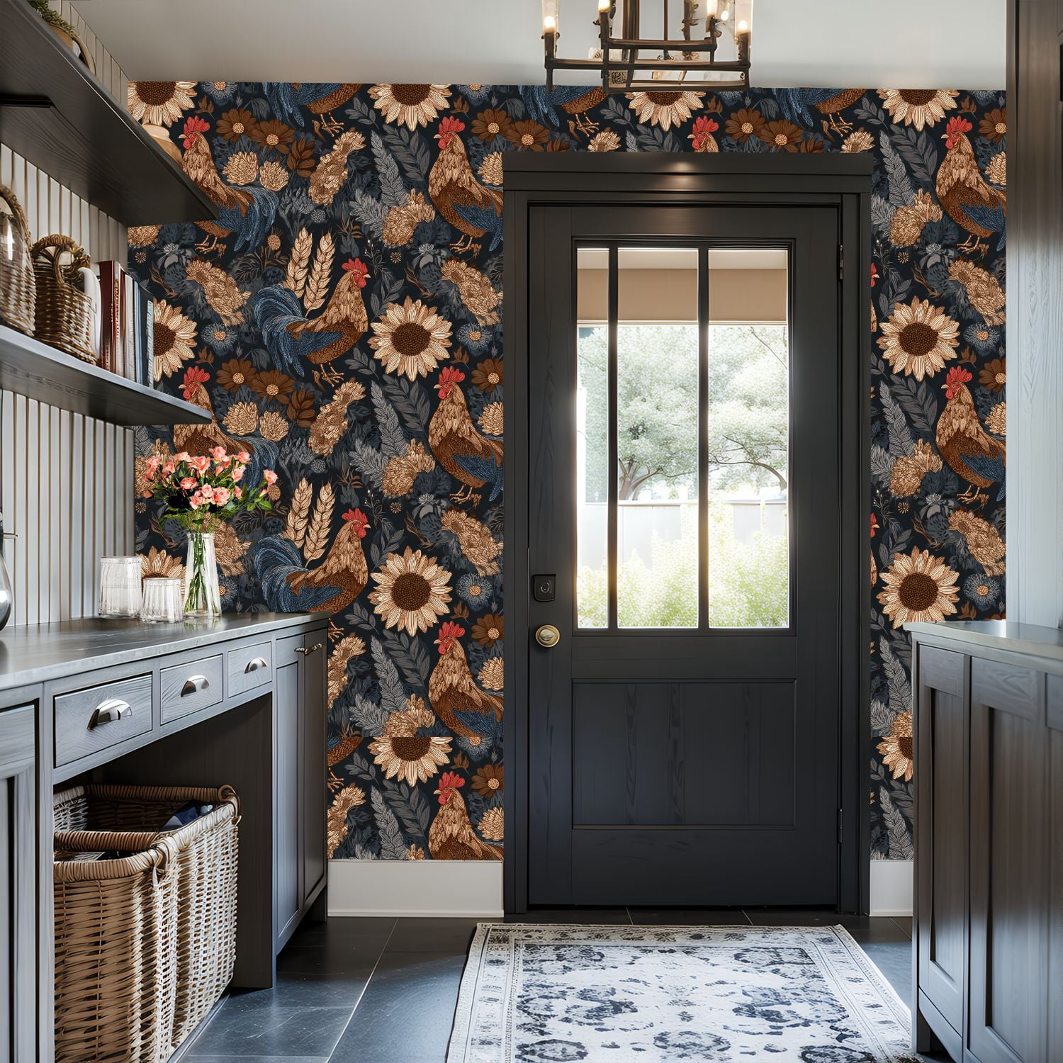 Chicken Peel and Stick Wallpaper Rustic Floral Rooster Sunflowers Daisies Wall Mural 17.7in x 9.8ft Self Adhesive Removable Wall Paper Renter Friendly Wallpaper for Nursery Bedroom Cabinets