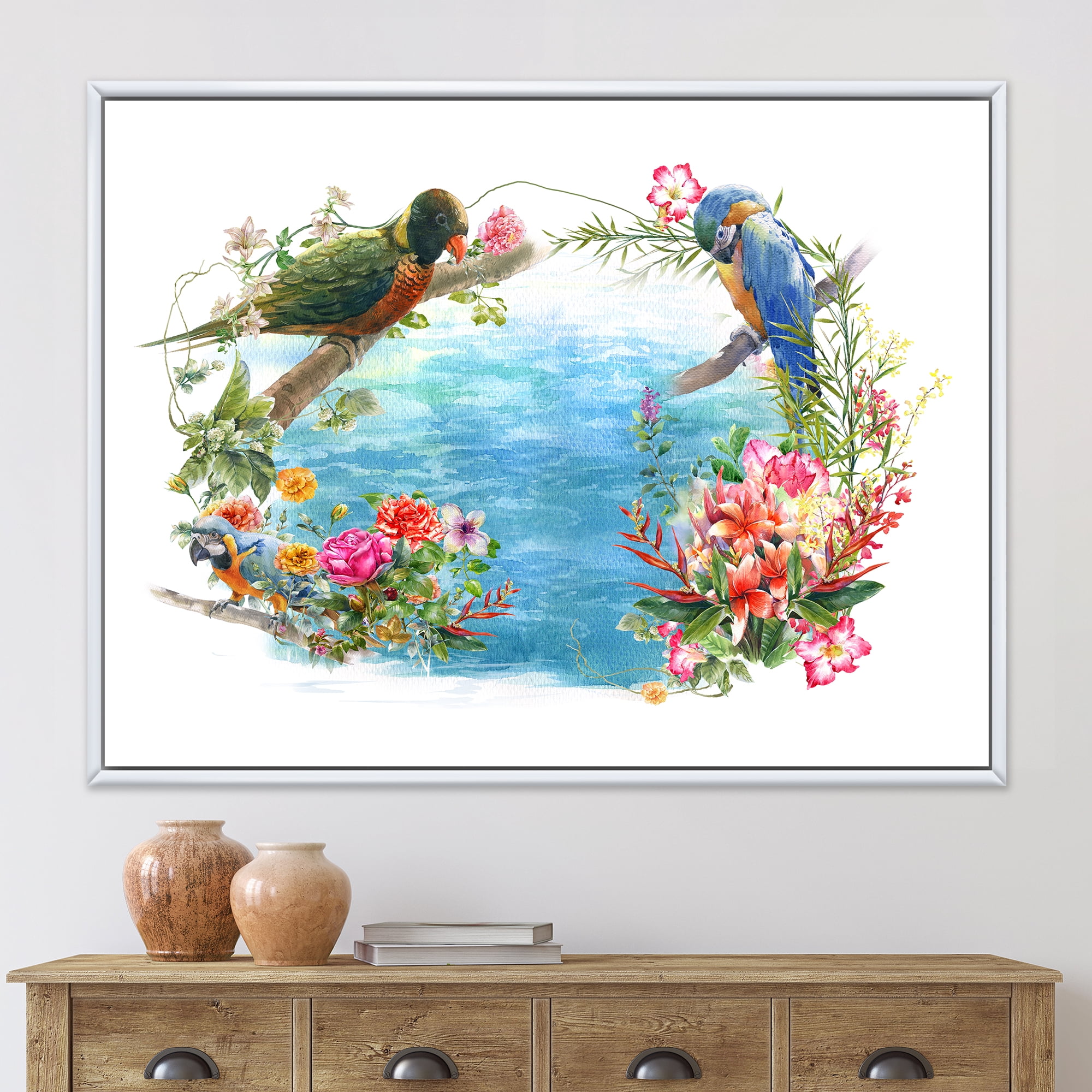 Parrots and Flowers By The Blue Waterside 40 in x 30 in Framed Painting Canvas Art Print, by Designart
