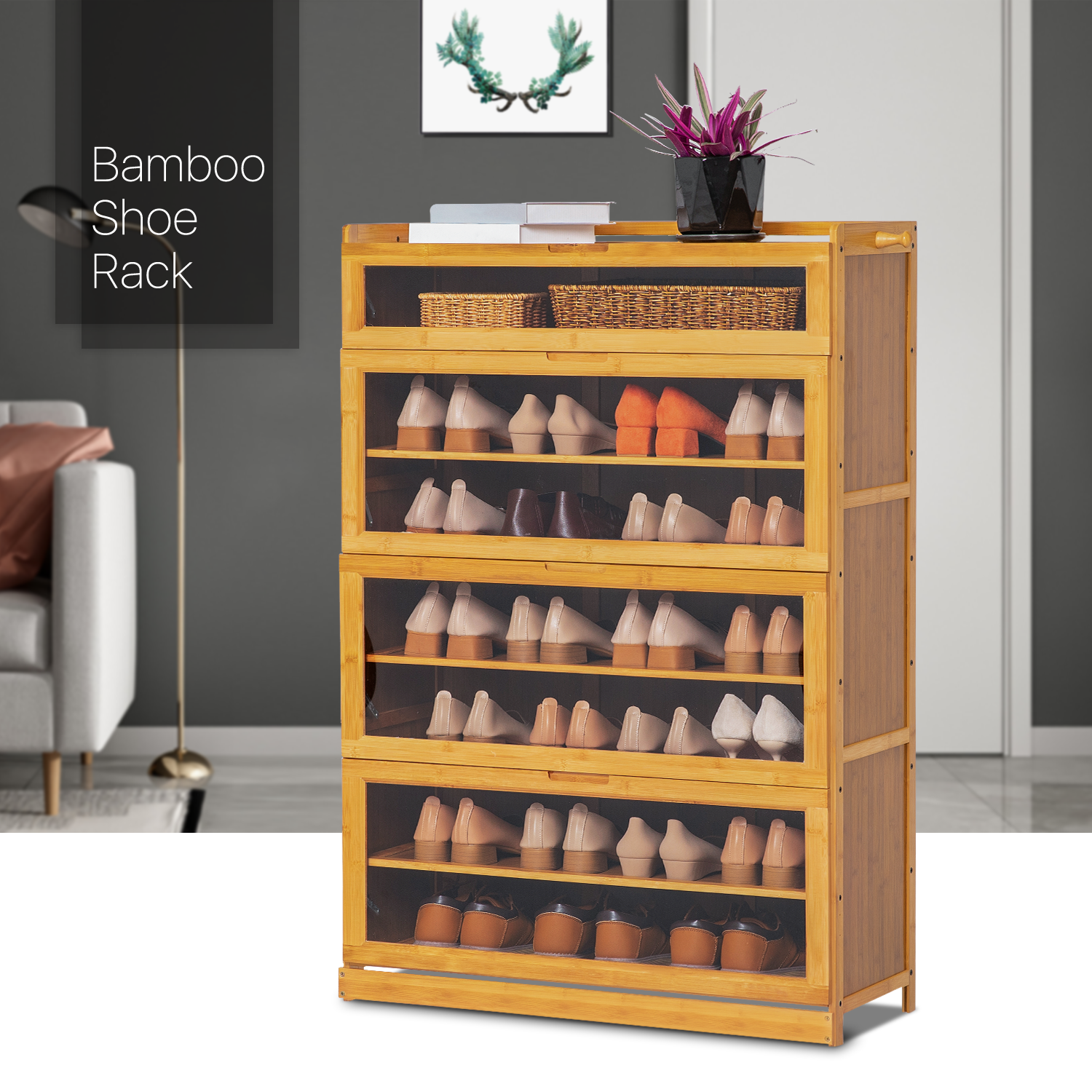 MoNiBloom Bamboo 7 Tiers Shoes Cabinet, 35 Pairs Sneakers Free Standing Shelf, Natural, for Entryway - image 3 of 10