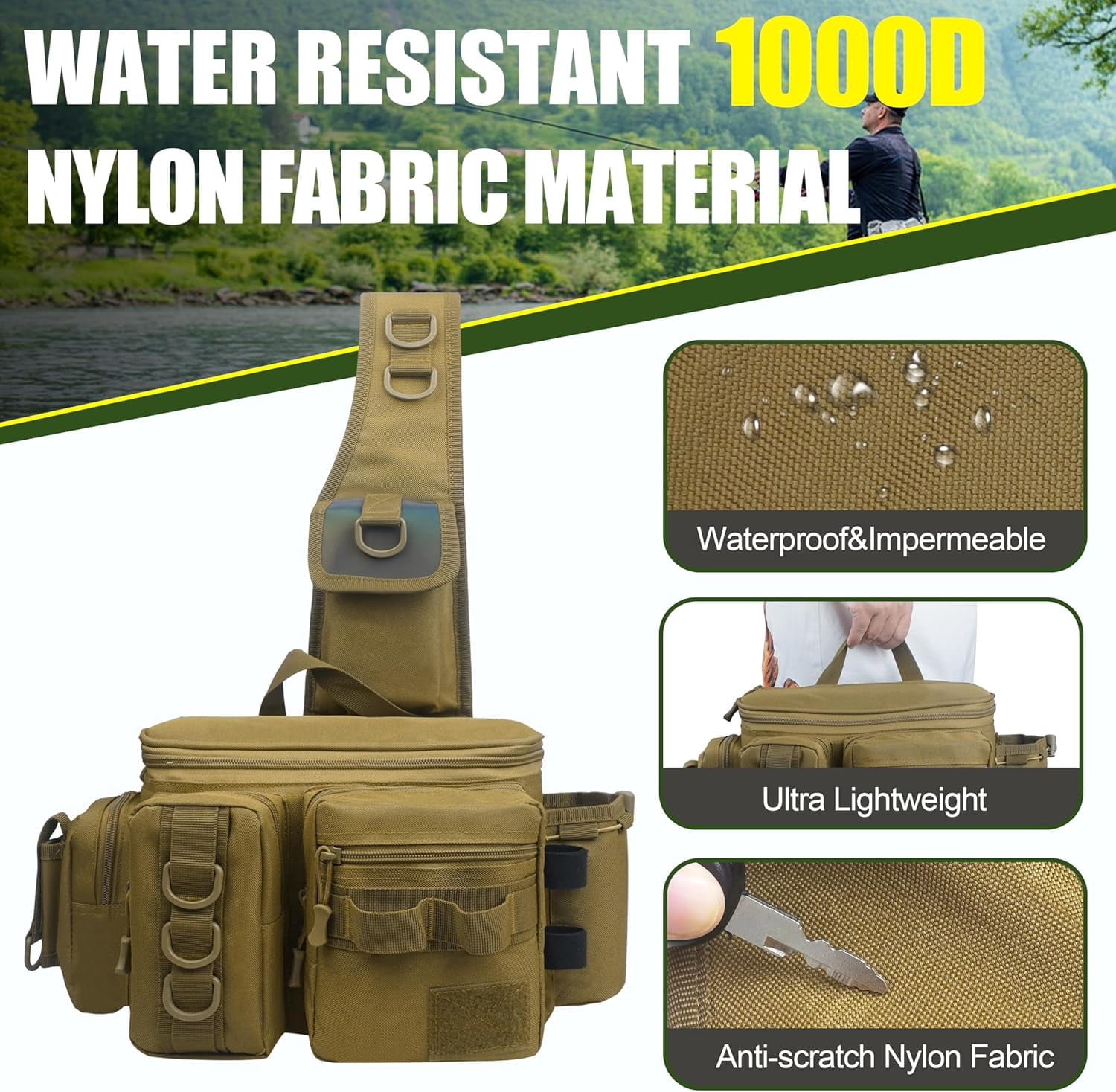 Fishing Tackle Bag with Rod Holder,Fly Fishing Sling Bag Pack Waterproof Cross Body Sling Bag Fishing Panny Pack Waist Bag Backpack Portable Fishing Tackle Box Storage Bag Gift for Men