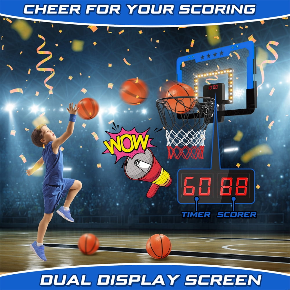 Growsly Indoor Basketball Hoop with Dual Electronic Scoreboard and LED Light Powered by Battery for 4-12 Years Old Kids, Blue