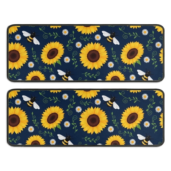 Kitchen Rugs Sets Of 2,DarkBlue Sunflower Bee Pattern Anti Fatigue Kitchen Mat Rugs Non Slip Washable,Decorative Kitchen Floor Mats for Kitchen,Sink,Laundry,17"x47" 17"x47"