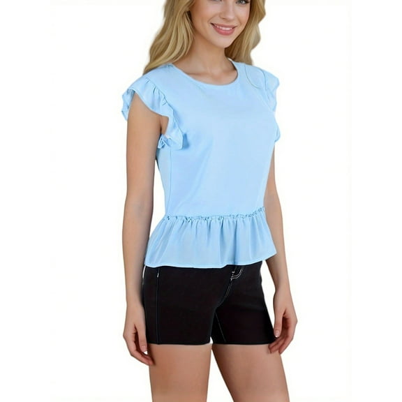 Women's Flutter Sleeve Round Neck Blouse With Gathered Waist- Small, Blue