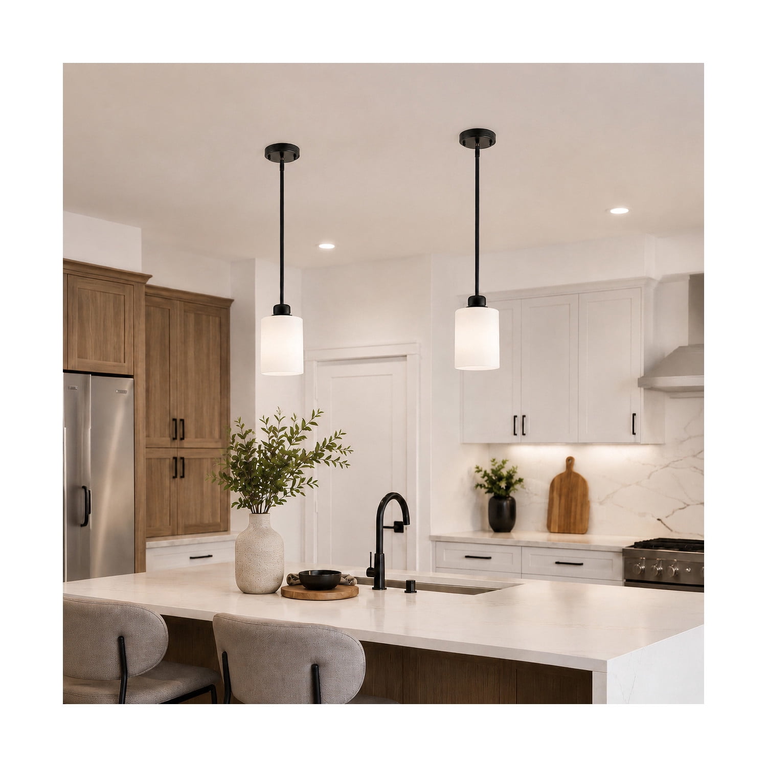 Matte Black Haddie 1-Light Mini Pendant, Dimmable with Frosted Glass Shade, Sloped Ceiling Compatible, 2-Pack