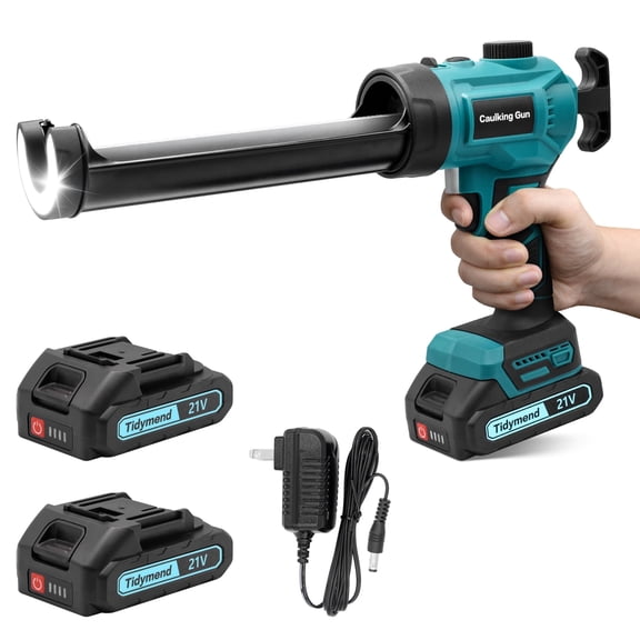 Electric Caulking Gun with Stepless Speed Control, 2 Batteries, Drip-Free Cordless 10oz Caulk Gun with LED Light for Kitchen, Bathroom, Window Sealing