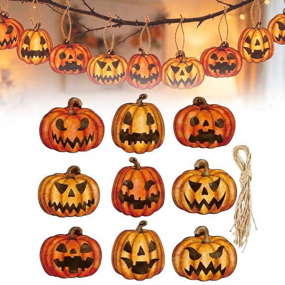 CSSJKYJ 9 Pcs Vintage Halloween Ornaments for Tree Retro Hanging Decor Pumpkin Wood Cutouts 90s Halloween Decoration for Haunted House Party Displays(Orange)