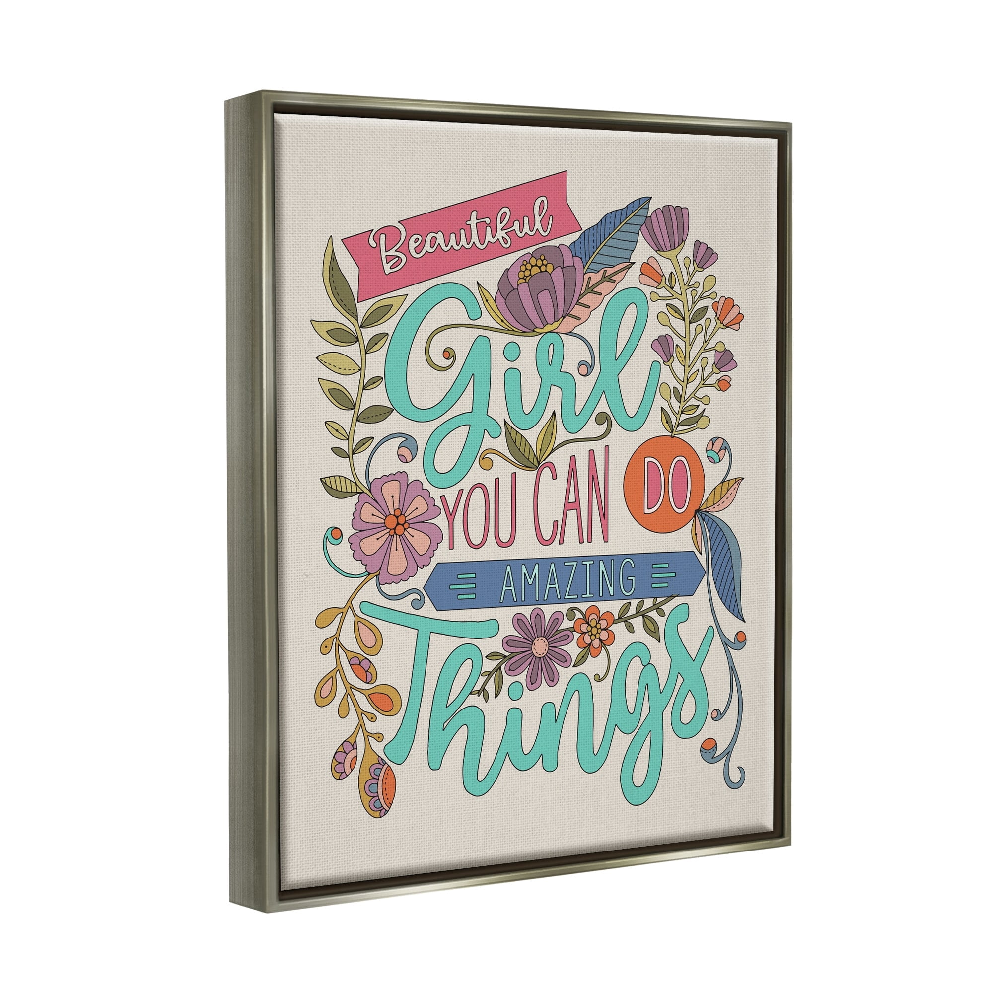 Stupell Industries Girl Power Fun Motivational Intricate Floral Pattern Graphic Art Luster Gray Floating Framed Canvas Print Wall Art, Design by Valentina Harper