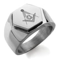 thumbnail image 1 of Stainless Steel Freemasons Masonic Floral Compass Engraved Hexagon Crest Flat Top Biker Style Polished Ring, 1 of 1