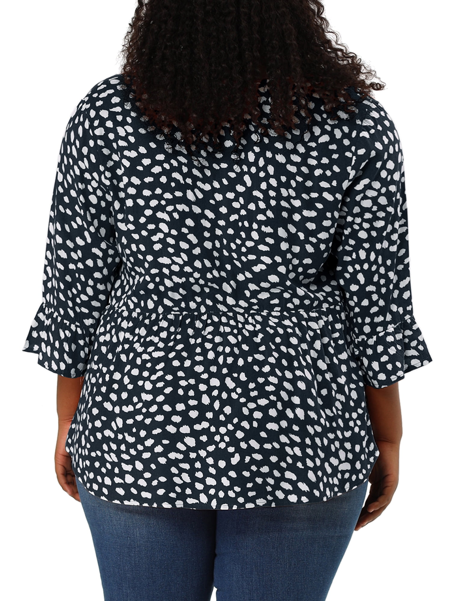 Unique Bargains Juniors' Plus Size Ruffle Sleeve Blouse V Neck 3/4 Polka Dots Peplum Top 4X Navy Blue