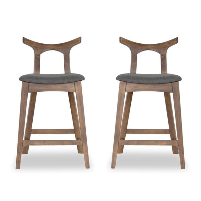 Ashcroft Murphy Fabric Upholstered Bar Stool in Gray, featuring a curved open back design and a gray fabric upholstered seat with high-density foam for comfort. The frame is crafted from durable eucalyptus wood with a walnut-stained finish, complemented by a dowel footrest for added support. Transitional style suitable for kitchen, dining, or living room spaces. Dimensions: 37.5 inches high, 17 inches wide, and 17 inches deep. Partial assembly required.