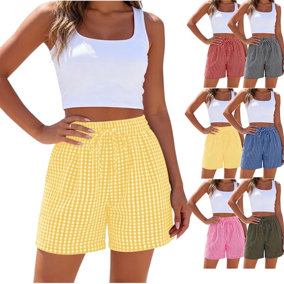 Women's Summer Plaid Shorts High Waisted Loungewear Drawstring Casual Beach Travel Shorts with Pockets Yellow M