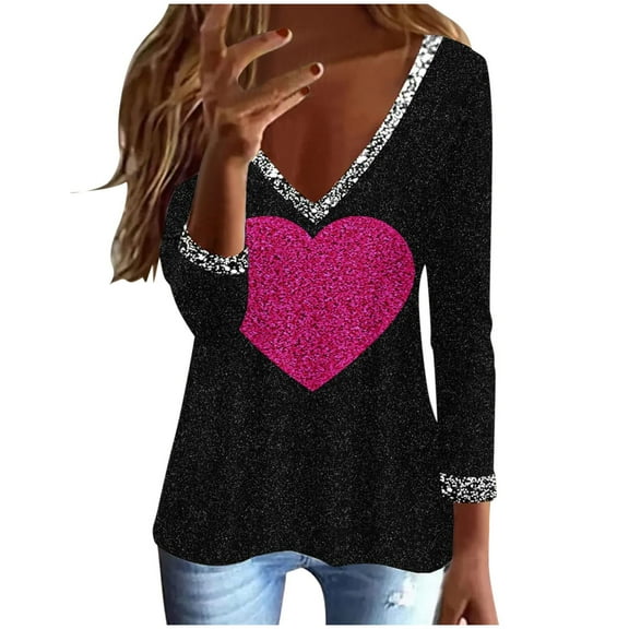Hfyihgf Womens Tops Dressy to Wear with Leggings Sequins Trim V Neck Glitter Printed Graphic Elegant Long Sleeve T-Shirts Blouses(01#Black,S)