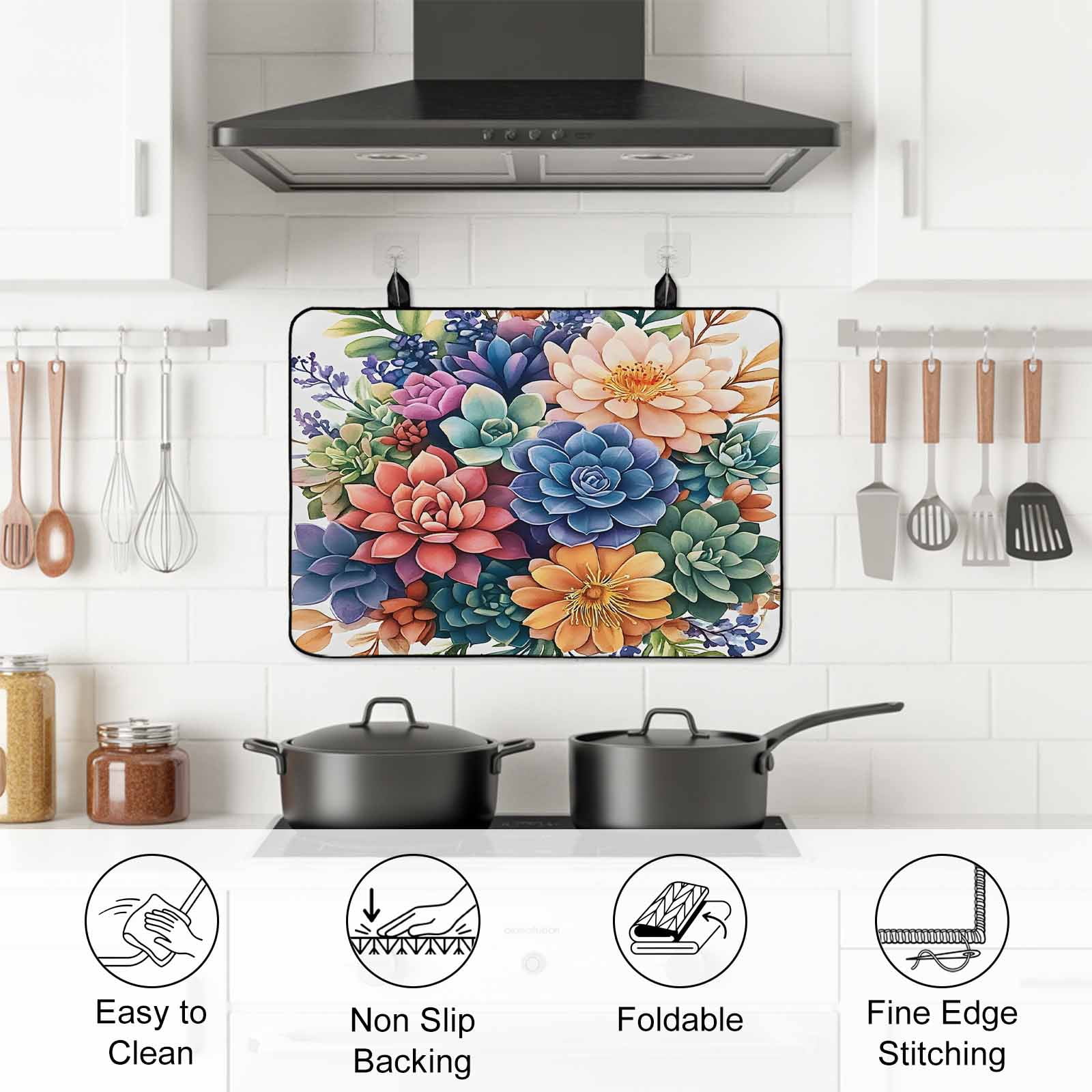 Colorful Summer Succulents Stove Top Cover for Electric Stove, Heat-proof & Non Slip Glass Top Stove Cover Protector, Spring Floral Watercolor Kitchen Flat Cooktop Rubber Mat 24x21 Inches