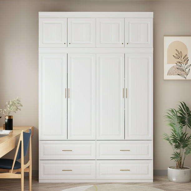 Hitow 4Door Wardrobe Armoire with Hutch, Shelves and Drawers,White