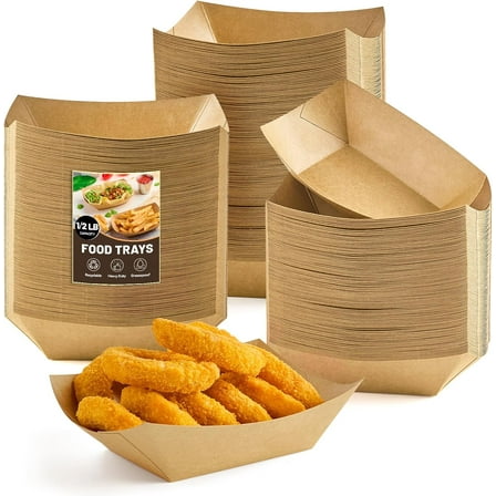 MEKBOK 1/2 Lb Disposable Small Paper Food Trays, 125 Pack Disposable Food Boats Mini Brown Paper Serving Baskets for Party Nachos Fries Tacos Snacks Treats.