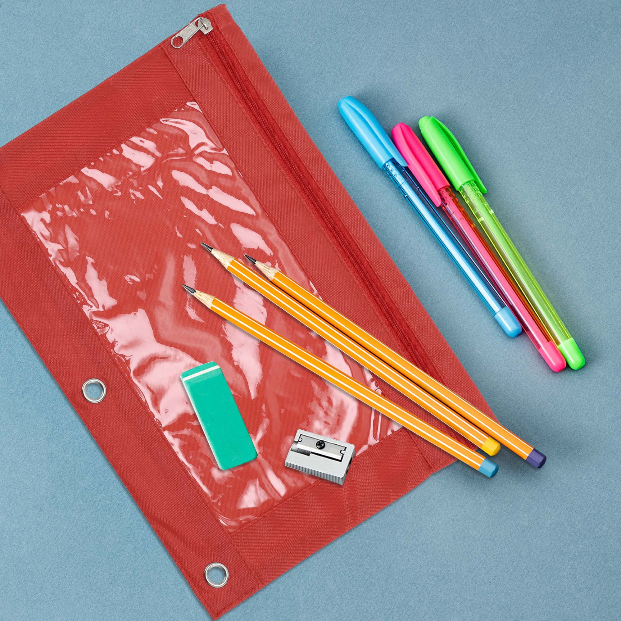 Unique Bargains Pencil Case for 3 Ring Binder, Double Layer, Smooth Zipper Red