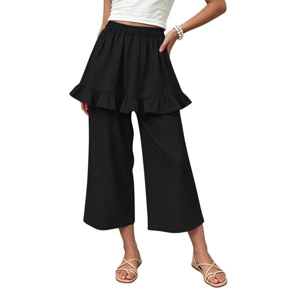 ATOYSOY Kids Wide Leg Culottes Girls Elastic Waist Ruffled Skirt Overlay Pants Breathable Comfortable Casual Pants For School Wear