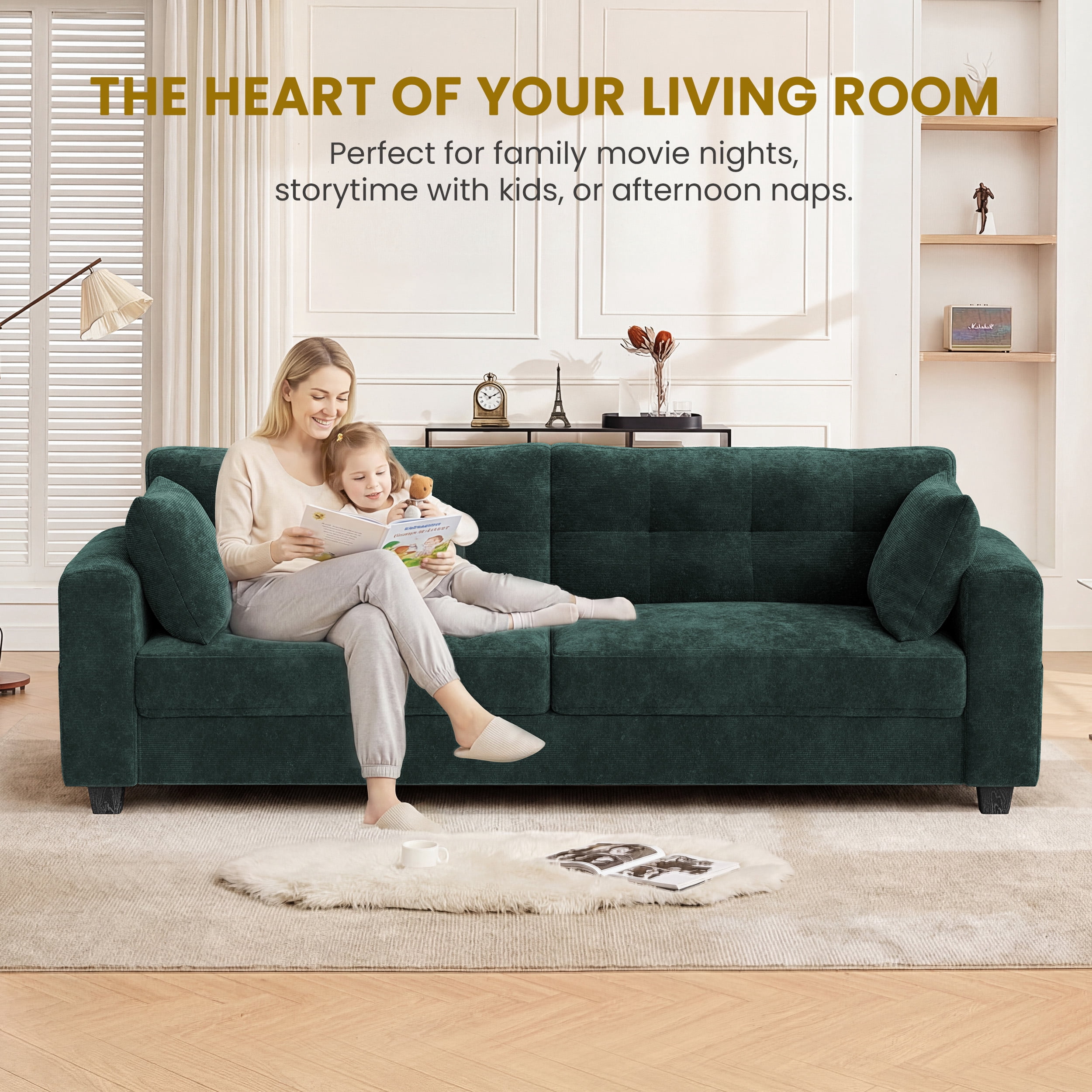 WISHEAD 87" Large 3 Seater Sofa Couch for Living Room, Office, Oversized Couches with Extra Deep Seat, USB Charging Port, 2 Pillows, Dark Green