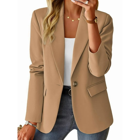 Women'S Fall Casual Blazer - Fully Lined Lightweights Button Lapel Collar Slim Fashion with Pocket Khaki L