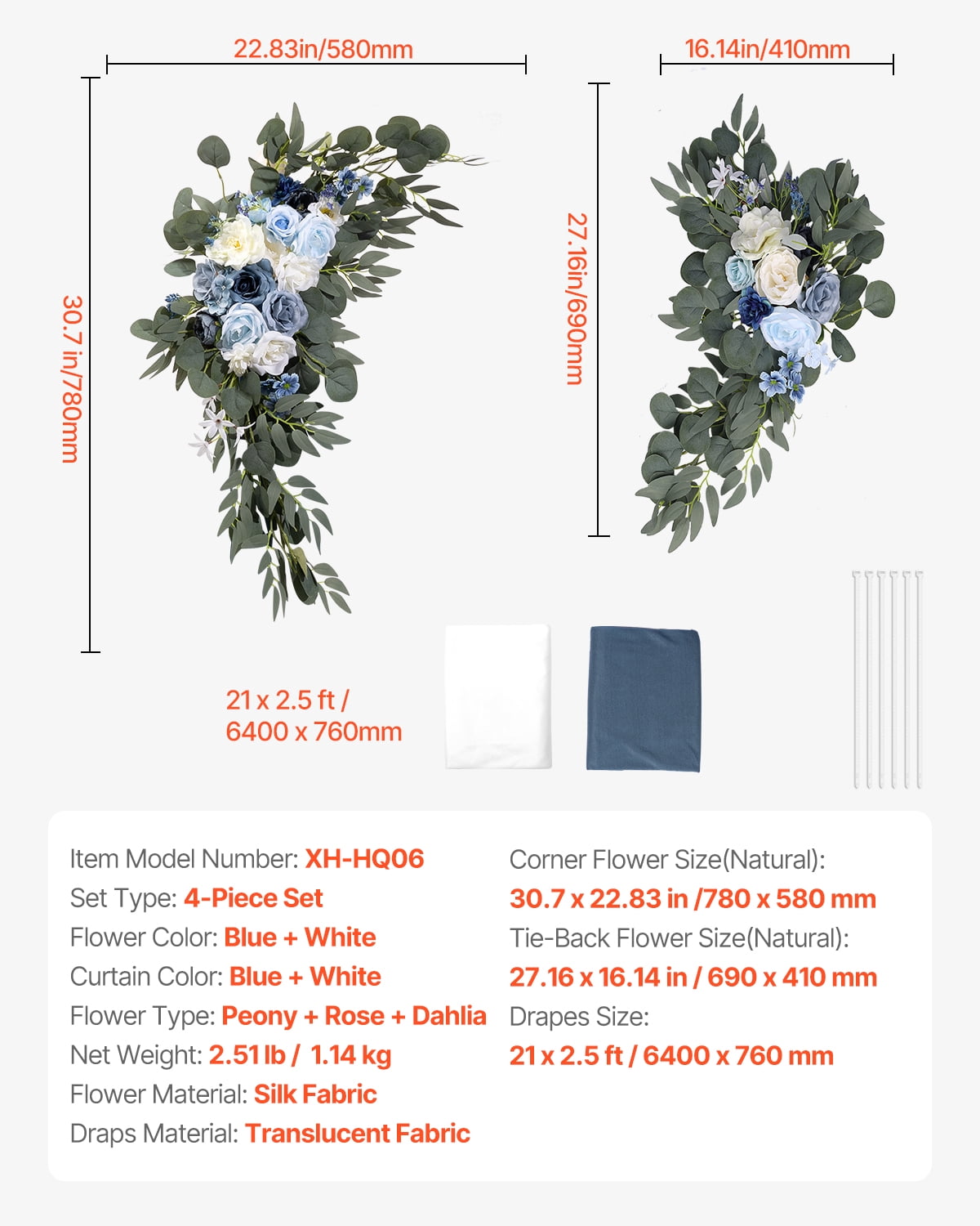 VEVOR Artificial Wedding Arch Flowers Kit, Blue Wedding Arch Flowers with Drapes Kit (Pack of 4) - 2 Pcs Floral Arrangement, 2 Pcs Sheer Drapes, for Ceremony Bouquets Reception Backdrop Decoration
