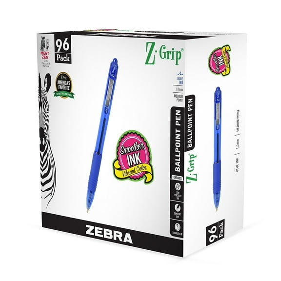 Zebra Z-Grip Retractable Ballpoint Pen Medium Point 1.0mm Blue Ink 96/Pack (22296)