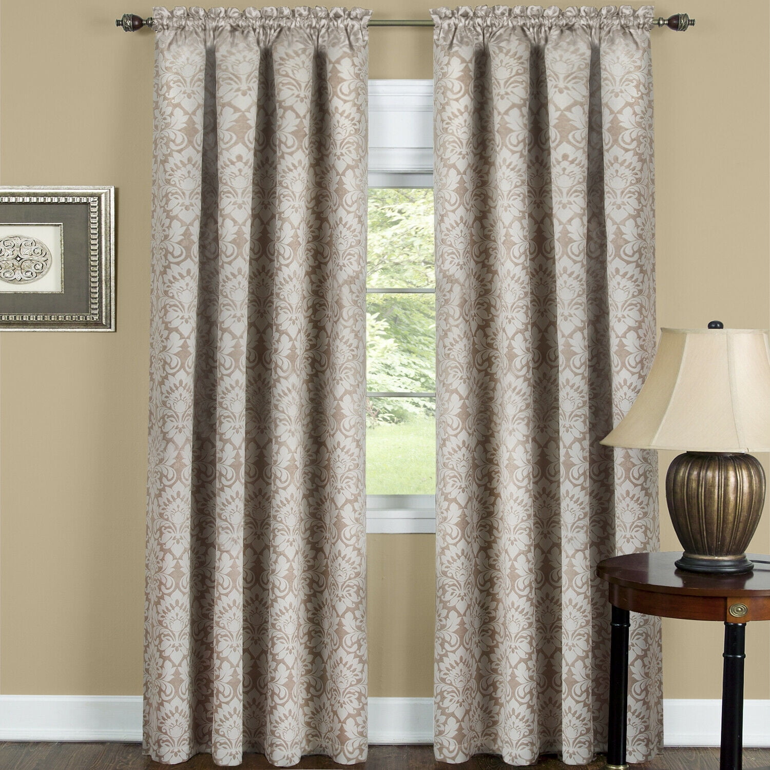 Complete 5 Pc. Damask Thermal Blackout Rod Pocket Window Curtains & Valances Set - Linen, 63 in. Long