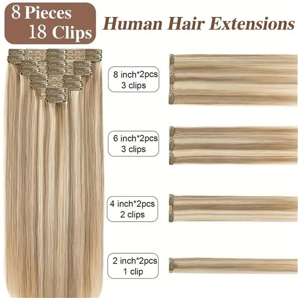 Clip in Hair Extensions Real Human Hair 16"-26" P8/613 Color Highlight Blonde Straight Hair Extensions 8Pcs Double Weft Clip in Remy Hair Extensions