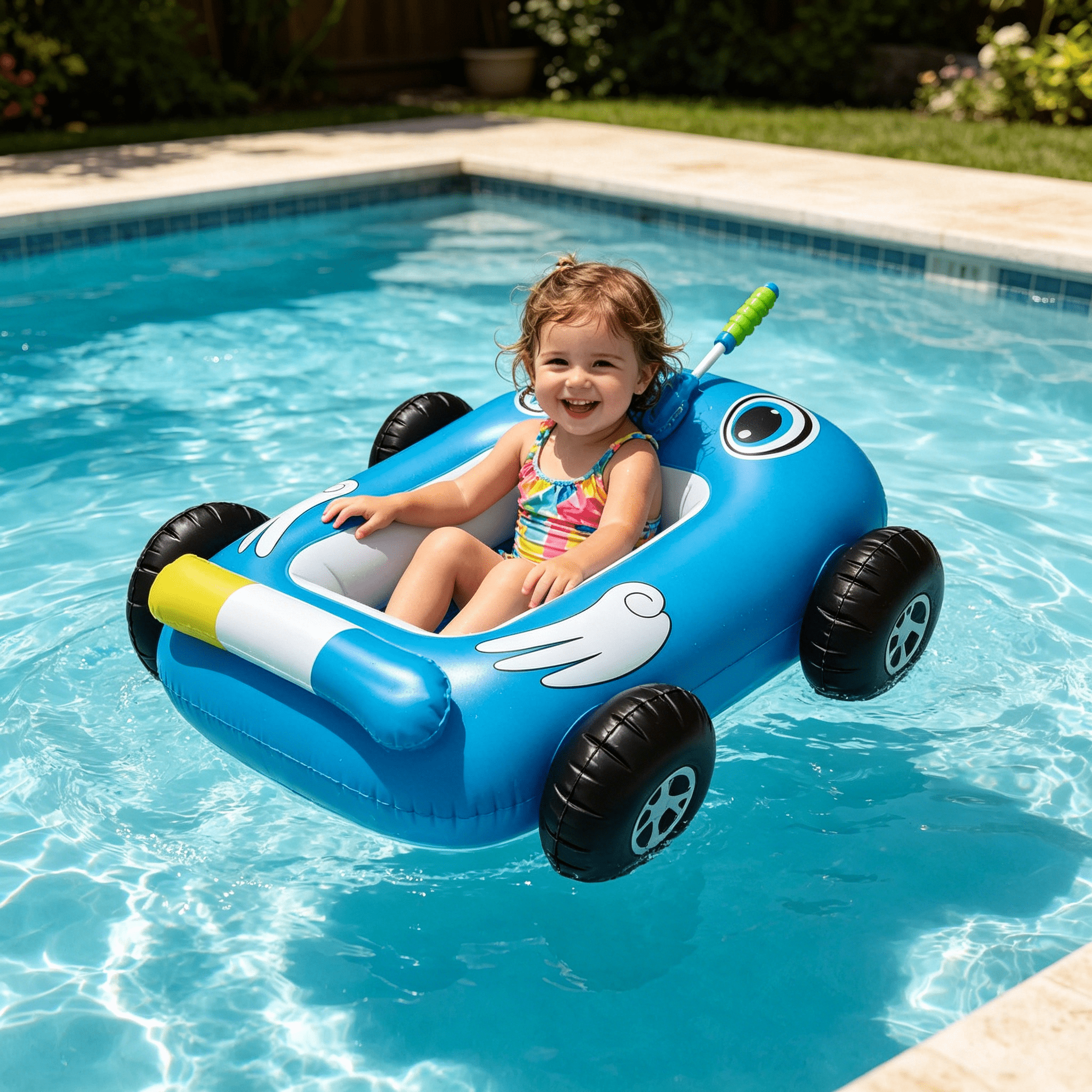 Decorr Pool Floats Kids, 31x33" Inflatable Pool Floats with Water Gun, Car-Shaped Ride-On Pool Float for Toddlers, Interactive Summer Water Toys with Built-in Sprayer, Blue